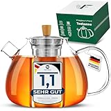 Neighbour's Friend® 1,5 l Teekanne Glas für losen Tee & Teebeutel - Teekanne mit Siebeinsatz groß tropffrei - 3-teiliges Edestahl-Sieb mit Bambusdeckelgriff - Spülmaschinengeeignete Glas Teekanne