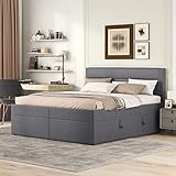 Rvjiahe Polsterbett, Doppelbett mit Metallrahmen, Lattenrost, großer Stauraum, beidseitig aufklappbar (Beige, 140cm*200cm)