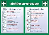 Aushang Infektionen vorbeugen, Anleitung zum Händewaschen und zur Händedesinfektion, Selbstklebende Folie, 297 x 210 mm, DIN A4, Aufkleber, Infektionsprävention