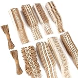 Juteband mit Spitze, 8 Rollen Sackleinen Band Vintage Geschenkband Breit Jute Spitze, mit 2 Stück 20m Juteseil, Leinwand-Spitzenband mit Weißer Bordüre Stoff für Weihnachten/Party/Geschenkdekoration