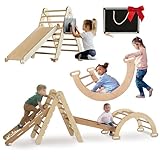 Goodevas 4 in 1 Montessori Indoor Klettergerüst Set für Kinder - Holz Pikler Dreieck, Rundbogen & Kletterrampe & Netz Play - Baby Spielzeug Jungle Gym für Kleinkinder Alter 1-3