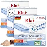 Klar Vollwaschmittel Pulver Sensitive 3x1,1kg - 60 Ladungen - Allergiker Waschpulver ohne Duft - Bio Waschmittel Pulver mit natürlichem Waschnuss Extrakt - VEGAN & Enzymfrei
