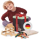 Laleni Bausteine Set | Bausteine Holz Natur 220 Stück + Bauklötze Holz Bunt 90 Stück aus 100% Kiefer | Holzklötze für Kinder | Holzklötzchen zum Spielen mit Box | Holzspielzeug | Holzstäbe zum Basteln