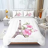 Paris Bettdecke 135x200 Ganzjahresdecke - Eiffelturm Bettdecke Ohne Bezug Waschbar - 4 Jahreszeiten Bettdecken 135 x 200 mit Blumen Muster - Wende-Design Steppdecke Schlafdecke AB-523