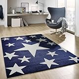 VIMODA Teppich Kurzflor Sterne Himmel Modern Blau Weiß Jugendzimmer für kinderzimmer, Wohnzimmer, Maße:160x230 cm