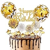 17 Stück Tortendeko Gold,Tortendeko Geburstagstorte,Happy Birthday Kuchendeko,Glitter Cake Topper Happy Birthday,Cupcake Topper mit Sternen Liebe Konfetti-Luftballons und Papierfächer
