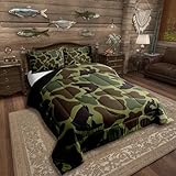 Erosebridal Bettwäsche-Set für Fischjagd, Königin, Armee-Camouflage, Jäger-Bettwäsche-Set, 3-teilig, rustikale Wildtier-Daunendecke, Bauernhaus, Barsch, Fisch-Bettwäsche-Set, Vintage, Armeegrün
