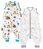 Chilsuessy 2er Pack Baby Schlafsack Sommer mit Füßen 0.5 Tog 100% Baumwolle Kinder Sommerschlafsack für Jungen und Mädchen, Glück Tiere+Waldtiere, 80cm/Baby Höhe 90-100cm
