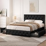 Yaheetech Polsterbett 140 x 200 cm Doppelbett Bettrahmen mit 2 Schubladen höhenverstellbares Kopfteil Gepolstertes Bett mit Lattenrost viel Stauraum, Schwarz