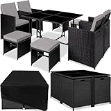 tectake Lounge Möbel Set aus 4x Stühle, 1x Tisch, 4x Hocker, wetterfest und platzsparende Cube Aufbewahrung inkl. Schutzhülle, outdoor Rattan Gartenmöbel für Balkon, Garten und Terrasse - schwarz/grau