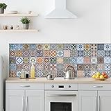 CREARREDA Spritzschutz für Küche, Wandaufkleber Azulejos von Sevilla 180x60 cm 100% Made in Italy Küchenrückwand mit ungiftiger Tinte, Spritzschutz Pfannen schwer entflammbar und wasserbeständig