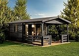 Alpholz Gartenhaus Lappland-40 B Gartenhaus aus Holz in Grau, Holzhaus mit 40 mm Wandstärke inklusive Terrasse, Blockbohlenhaus mit Montagematerial