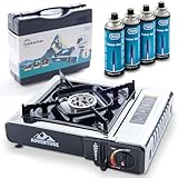TOM Adventure Edelstahl Camping-Gaskocher mit 4 x Gaskartuschen und Koffer im Set – Piezo-Zündung – Campingkocher mit Gaskochfeld (1 flammig) – Kochplatte für Camper & Outdoor Personen campingkocher