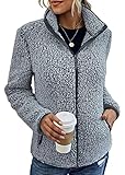shownicer Damen Plüsch Jacke Langarm Fleece Mantel Herbst Winter Warm Stehkragen Übergangsjacke mit Taschen Casuale Zip Cardigan Outwear A Grau XL