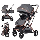 Vinteky Kombikinderwagen 2 in 1 mit Buggy, Liegeposition Reisesysteme mit 5-Punkt-Sicherheitsgurt, von Geburt bis 15 kg, Zusammenklappbar, großes Verdeck, für Neugeborene