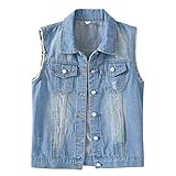 Generisch Warme Mit Akku Lässige Jeansjacke für Damen, ärmellos, mit Kragen, Distressed-Jeansjacke, bonbonfarben, schmale Passform, zerrissene Manteloberteile Winter Jacken Für (Blue, M)