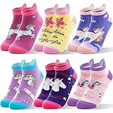 ANTSANG Kinder Lustige Socken Mädchen Sneaker Socken Kurze Einhorn Kindersocken Bunte Cartoon Baumwolle Kleinkind Geschenke Socken 6 Paare(Einhorn, 5-8 J)