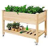 GOPLUS Hochbeet mit Rollen, Gartenbeet mit Ablage & Abflusslöcher, Pflanzbeet aus Tannenholz für Garten & Terrasse, Natur (mit Rollen, 120x59x84 cm)