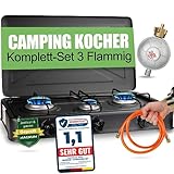 Magnum® Gaskocher Trio inkl. Gasschlauch 1,5 m und Drucklager 30 mbar- robuster Gaskocher für Gasflasche bis 11 KG – Campingkocher mit 3 Kochfelder – Ideal für Camping und Angeln