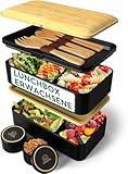 Umami Brotdose mit Fächern und 4 Bestecke, Alles-in-Einem Lunchbox Erwachsene für Männer/Frauen, 2 Soßentöpfe, Auslaufsicher Bento Box Brotbox