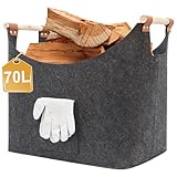 FINEW Holzkorb für Kaminholz, XXL Kaminholzkorb mit Handschuhen, Faltbarer Filztaschen aus Filz, Große Filzkorb Filztaschen Feuerholzkorb zur Aufbewahrung von Brennholz, Zeitungen, Holz, Spielzeug