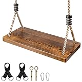 EXTFANS Holzschaukel für Garten & Innenbereich – Schaukelsitz aus Massivholz (43x20x2,5cm) bis 200kg, Kinder & Erwachsene Schaukel mit Sicherheitsseilen, Schnellmontage