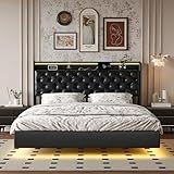 BRYXR Polsterbett 160x200, Doppelbett mit LED-Beleuchtung, Kopfteil mit Stauraum, Lattenrost mit Hydraulikstange, Hängebett, Jugendbett für Erwachsene geeignet, PU Schwarz