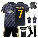 Fußballtrikots für Kinder, No.7 Hause/Auswärts Fußball Trikot mit Beinhaltet Shorts Socken Schutz Schlüsselanhänger Armband und Verband, Fussball Set für Kinder Jungen Mädchen (Schwarz 22)