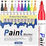 Permanent Marker Wasserfeste Stifte set: 12 Farben zum Steine Bemalen Permanent Marker Bunt Glasstift Lackstifte für Karton, Kunststoff, Holz, Metall,Keramik Tasse,Reifen