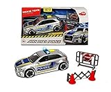 Dickie Toys Audi RS3 Polizeiauto mit Straßensperreund Pylone, Lichtund Sound, Friktionsantrieb, Für Kinder ab 3 Jahre, Silber, Blau, 15 cm