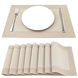 SueH Design Gewebte Platzsets Tischsets 8er Set Vinyl Hitzebeständig Platzdeckchen Antifouling und Waschbar 45 cm * 30 cm, Beige