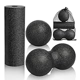 LOPHE Faszienball Set, 3 Stück Massageball und Faszienrolle set, Faszienrolle Klein für Rücke, Erdnuss Faszien Ball für Muskelschmerzen Verspannungen Osteopressur Massager Faszientraining(Schwarz)