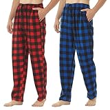 LNFINTDO 1-2er Pack Schlafanzughose Herren Lang Fleece Karierte Pyjamahose Winter Warm Nachtwäsche Bequeme Freizeithose Weihnachts Pyjama mit Taschen und Kordelzug