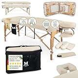 MASSUNDA – Mobile Comfort Deluxe Massageliege klappbar & höhenverstellbar – EXTRA breiter Massagetisch aus Vollholz – Massagebank mit ergonomischer Kopfstütze, Bezug, Armlehne, Kissen (Creme)