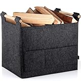 XL 40L Filzkorb & Holzkorb für Kaminholz - Doppelgriffanwendung + rutschfeste Griffe + Fronttasche extra groß - Filz Tasche Korb für Holz faltbar Transport & Aufbewahrung(Dunkelgrau)