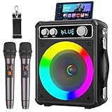 Tragbare Karaoke Maschine mit 2 Drahtlosen Mikrofone, Ankuka Bluetooth Lautsprecher Box für Erwachsene/Kinder mit LED Lichteffekte, Unterstützt TF/USB, FM, Rec, AUX in, TWS für Party, Geburtstag