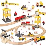 Lehoo Castle Holzeisenbahn, 68 Pcs Eisenbahn Holz mit Kran Spielzeug, Eisenbahn Kinder Elektrisch, Holz Eisenbahn Kinder mit Bagger