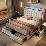 YuQozii Polsterbett 180x200, Doppelbett mit 4 Schubladen, Stauraumbetten mit Lattenrost aus Holz und Metallrahmen, Belastbarkeit 300 kg,Baumwolle(Ohne Matratze) (Beige)