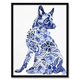 Artery8 Dog Lover Floral Alsatian Blue Watercolour Living Room Artwork Framed Wall Art Print A4