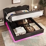 Generisch Moderner LED-Bettrahmen mit USB-C-Ladestation, wellenförmigem Samtkopfteil, hydraulischem Stauraum für Doppelbett (160x200cm) – Robuste Massivholzstruktur, staubgeschütztes Design