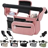 Tyuodna Kinderwagen Organizer Universal,Kinderwagen Tasche mit 2 Isolierten Becherhalter,Buggy Organizer,Kinderwagentaschen mit Schultergurt und Rutschfeste Sichere Haken (Rosa)