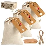 tonyg-p 12 Stück Jute Geschenktüten mit Kordelzug 18x13cm kleine Stoffbeutel Jutesäckchen Baumwolle Jutebeutel mit 12 Stück Geschenkanhänger für Schmuck Hochzeit Party Weihnachten