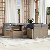 Kaloriko 9-TLG. Garten-Sofagarnitur mit Kissen, Beige Poly Rattan Outdoor Möbel Set, Verstellbarer Tisch, UV-beständig, für Terrasse und Balkon