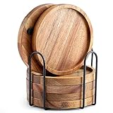 WLWNWFT Untersetzer Holz Rund für Gläser 6er Set, Untersetzer aus Akazienholz mit Halter, Glasuntersetzer für Getränke, Bar, Tassen, Glas