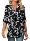 Siddhe Schwarz Bluse Damen 3/4 Arm, Tunika Top Elegant Lang Bluse Schicke Longbluse Oberteile für Festliche Frühling Sommer Shirtblusen Tunikashirt Lange Shirt Oberteile, Blumen L