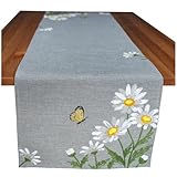Läufer Tischdecke Leinen-Optik Bestickt Deko Esszimmer Serie Margariten Blumen Tischwäsche grau Stickerei Schmetterling Tischband Frühling Typ886 Tischläufer 40x140 cm weiß gelb