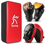 Odoland Handpratzen Set mit PU Pratzen Schlagpolster 6OZ Boxhandschuhe für Boxsack Boxen Kickboxen Boxtraining Kampfsport Pratze Thai Kick Boxen Pratzen Rot