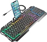 TedGem Gaming Tastatur, PC USB Kabelgebunden Tastaturs, 19 Schlüssel Anti-Ghosting mit Rainbow LED Beleuchtete, Handy Halter, Robust Metal Frame Für PC/Laptop/PS4/Xbox (Deutsches Layout)