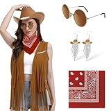 FunMular Disco Western-Outfit für Damen, Cowgirl-Outfit, Kostümzubehör, Cowboyhut, Quaste, Fransenweste, Ohrring, Bandana für Halloween (Khaki, M)