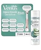 Gillette Satin Care Intimpflege Rasiergel Damen (200 ml), Gel Aloe Vera und Venus Deluxe Smooth Sensitive Rasierer Damen, Damenrasierer + 9 Rasierklingen mit 5-fach Klinge, Geschenk für Frauen